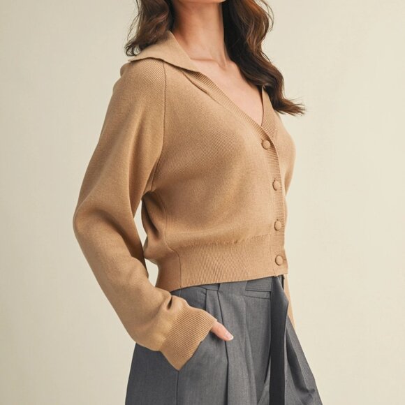 Erika Wide Collar Sweater Cardigan | Women's Tan Button Up Shirt | Beige Neutral - Picture 7 of 10